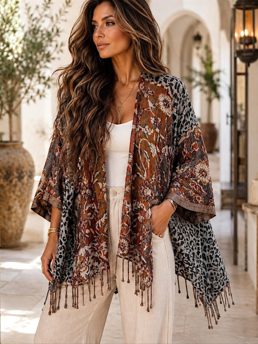 Soft Surroundings S/M Boho Textured Fringe Cardigan 3/4 Sleeve Hi Low Mix Print